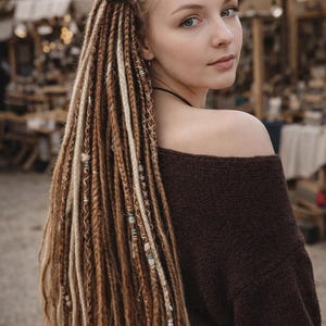 Dreadlock-Extensions in Mokkabraun und Milchblond – Synthetische Boho-Doppelend-Dreads Bild 7