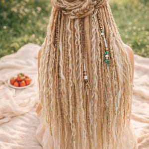 May include: A woman with long, blonde dreadlocks, styled with a braided updo. The hair features various shades of blonde and brown, with decorative beads. The person is sitting on a blanket with a plate of strawberries.