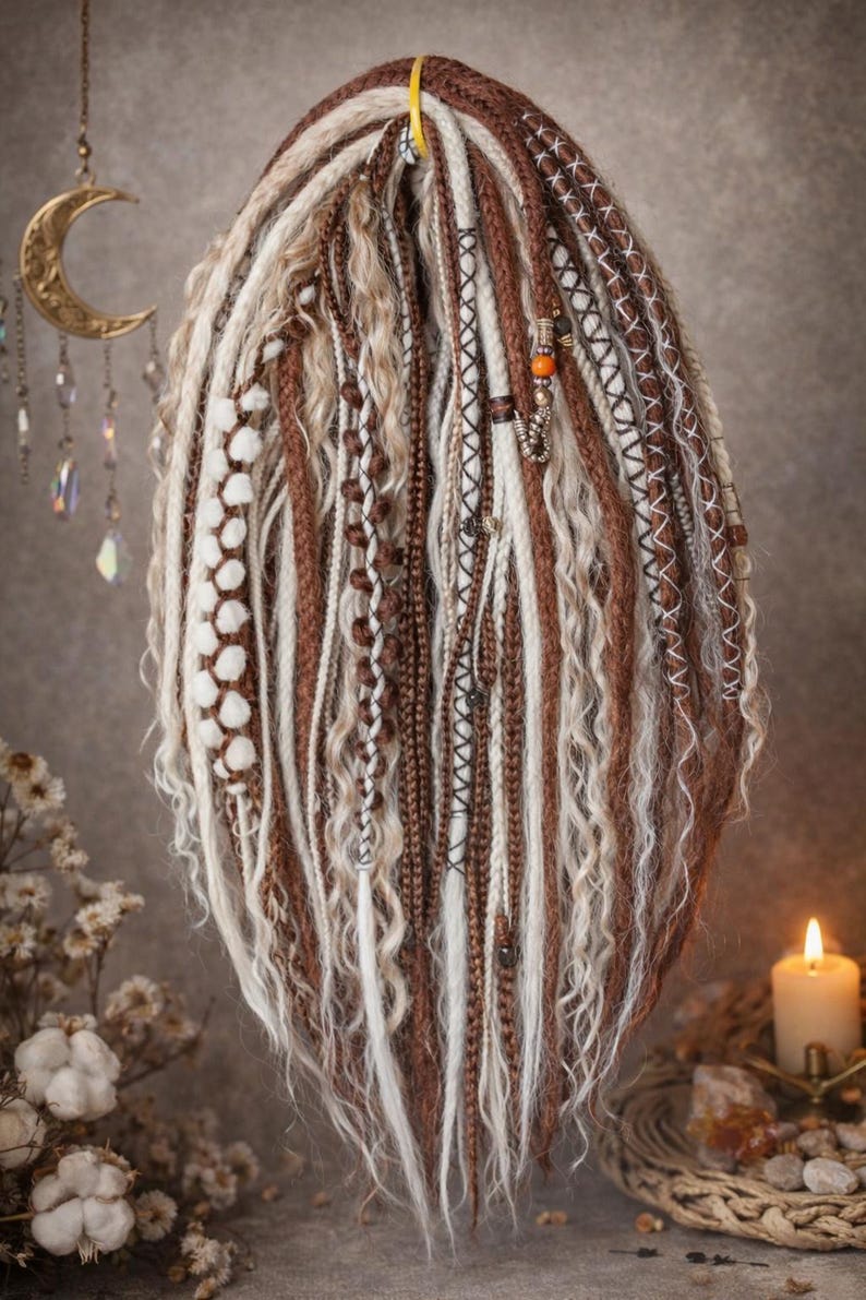 Op de afbeelding: Een verzameling bruine, witte en beige dreadlocks, sommige met decoratieve kralen en stiksels. De dreadlocks zijn gestyled met een gele band aan de bovenkant. De afbeelding heeft een warme, aardse toon, wat duidt op een bohemien of alternatieve esthetiek.