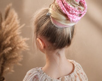 Kids Pink Dread Ponytail - Synthetic Hair Bun Wrap with Curls and Braids