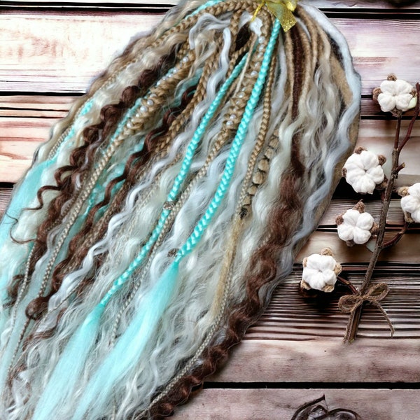 Custom-Made White and Teal Double Ended Dread Curls - Boho Vibes Synthetic Dreadlock Hair Extensions with loose curls