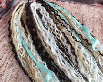 White & Teal Double Ended Dread Curls: Boho Synthetic Hair Extensions