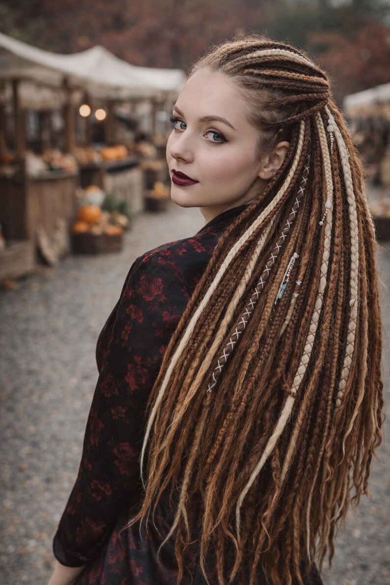 Dreadlock-Extensions in Mokkabraun und Milchblond – Synthetische Boho-Doppelend-Dreads Bild 4
