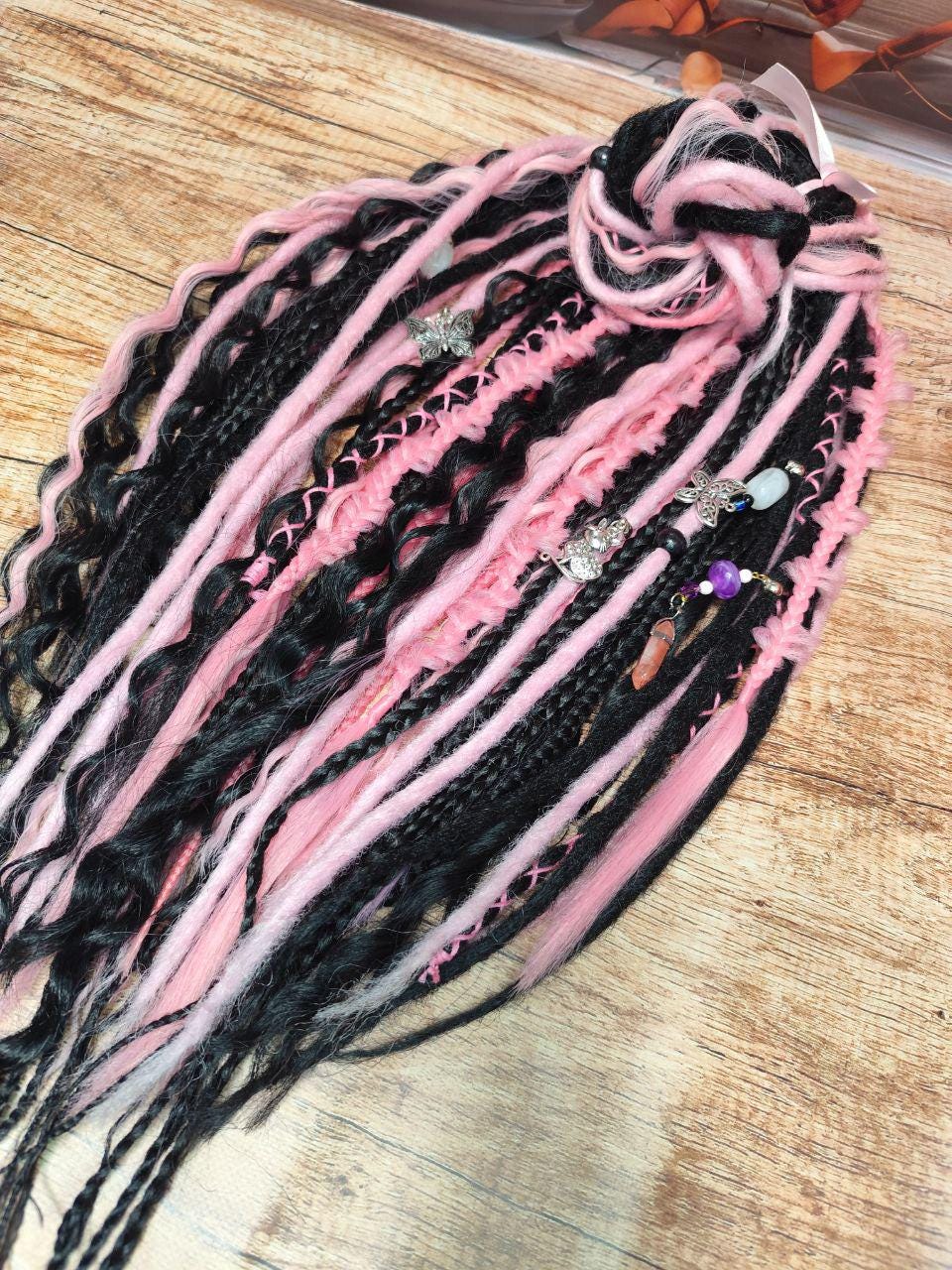 crochet decorated knotty pink black dreadlocks Black and Pink Dreads Curly Dreads Crochet Double Ended  main image 2
