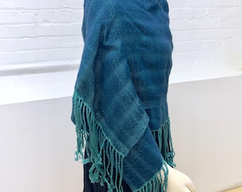 Teal blue green hand woven wool rayon wrap shawl scarf. Elegance and warmth