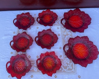 Stunning Vintage 8 piece Fenton Leaf Plate set in Ruby / Cranberry red - 1940s carnival glass BS1-3