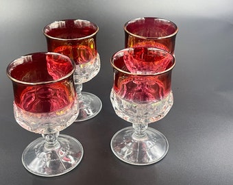 4 Vintage King’s Crown Thumbprint Ruby-Red Flashed Cordial/Sherry/Liqueur Glasses.