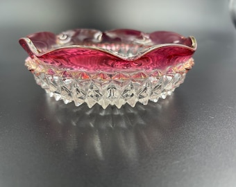 Indiana Glass Ruby Band Diamond Point Ruffled Edged Bowl