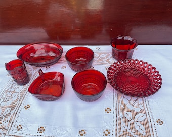 Vintage Sowerby ruby red glass bowls, plate and jug from 1920s to 1940s - BS1-3