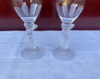 2 Vintage Aderia tulip shaped Wine Glass with Frosted Glass Nude woman/female stem featuring  flowers cascading down her body and feet