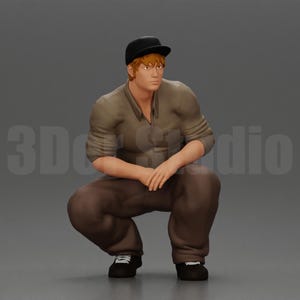 Högdetaljig, hukande figur av casual man i basebollkeps 1/35 1/43 1/64, omålad hartsminiatyr för stads- och garagediorama