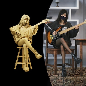Unbemalte Figur 1/43 1/64 Gitarre Spielendes Mädchen auf Barhocker Resin - Ideal für Dioramen/Sammlerstücke - 1:64