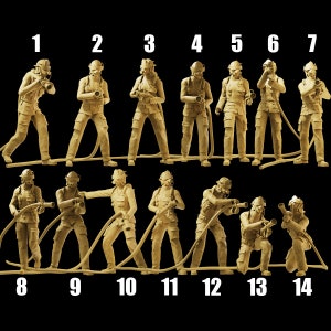 May include: A set of 14 miniature firefighter figurines, each wearing a helmet and holding a hose. The figurines are posed in various action poses, some with their hoses extended and others with their hoses coiled. The figurines are all made of a light brown plastic and are approximately 7.5 cm tall.