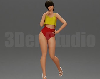 Figura de mujer de moda con gran nivel de detalle en pose, escalas 1/35, 1/43 y 1/64. Miniatura de resina sin pintar para dioramas urbanos y de moda modernos.