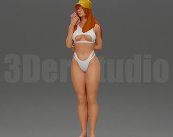 High Detail Beach Phone Girl Figure 1/35 1/43 1/64, Unpainted Resin Miniature People for Summer Diorama