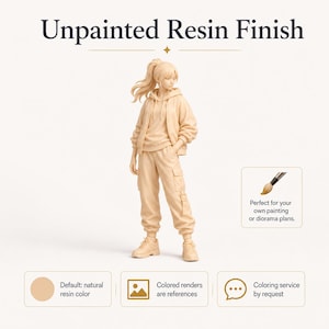 May include: An unpainted resin figure of a person with a ponytail, wearing a hooded jacket, cargo pants, and sneakers. The text reads Unpainted Resin Finish. Additional icons show a paintbrush, a color swatch, a landscape icon, and a speech bubble.