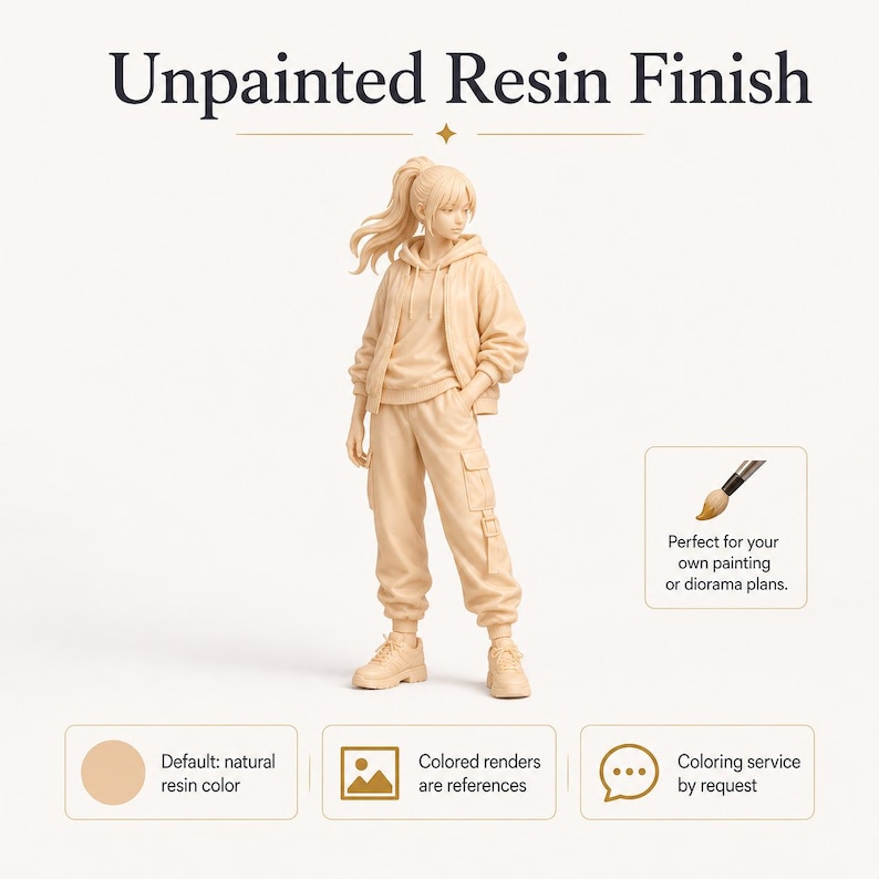 May include: An unpainted resin figure of a person with a ponytail, wearing a hooded jacket, cargo pants, and sneakers. The text reads Unpainted Resin Finish. Additional icons show a paintbrush, a color swatch, a landscape icon, and a speech bubble.