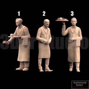 Conjunto de figuras em escala 1/35, 1/43 e 1/64, garçons vintage em poses de serviço com conjunto de chá e bloco de notas - ideal para dioramas - pintados à mão - várias escalas