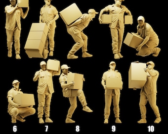 May include: Ten different poses of a person carrying boxes. The person is wearing a long-sleeved shirt and pants. The boxes are various sizes and shapes.