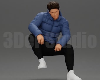 Figura de hombre agachado con ropa urbana de alta calidad, escalas 1/35, 1/43 y 1/64. Miniatura de resina sin pintar para dioramas de calles urbanas y encuentros de coches.