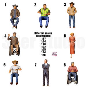 May include: A collection of miniature figurines in various poses, including seated and standing figures. The image displays several figures wearing casual and formal attire. Text indicates different scales available for these 3D printed miniatures.