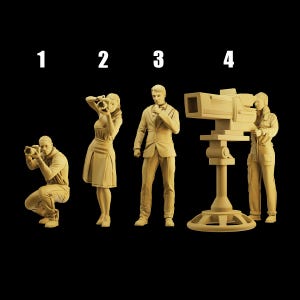 Unpainted Scale Figure 1/43 1/64 Sports Interview Team with Photographer, Host, Cameraman - Ideal for Dioramas/Collectibles - 1:64 Scales