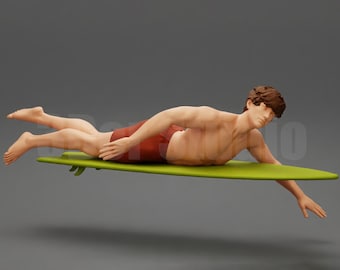 High Detail Surfer Man on Surfboard Figure 1/35 1/43 1/64, Unpainted Resin Miniature People for Beach Diorama