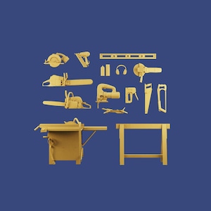 May include: A set of yellow woodworking tools, including a table saw, sawhorses, a circular saw, a jigsaw, a hand saw, a level, ear protection, and a measuring tape.