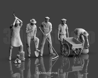 Scale Figure Set 1/35 1/43 1/64 Porter Digger Farmer Mower Woodcutter - Unpainted Resin Model - Ideal for Dioramas/Hunting Scenes