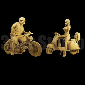 May include: Two figures on motorcycles, one a vintage scooter and the other a custom chopper. Both figures are wearing helmets and protective gear. The scooter is beige and has a spare tyre on the back. The chopper is beige and has a large front tyre.