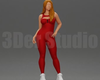 High Detail Red Jumpsuit Woman Figure 1/35 1/43 1/64, Unpainted Resin Miniature People for Fashion Diorama
