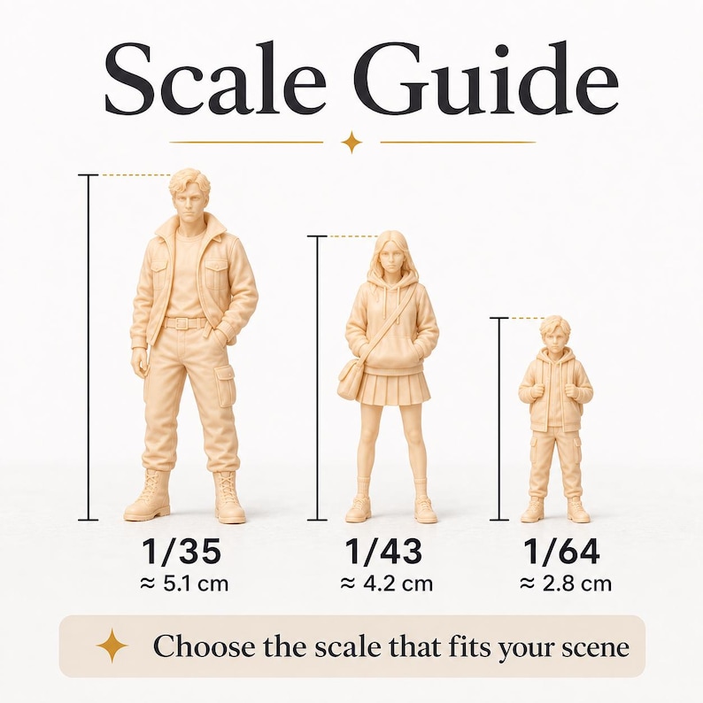 May include: A scale guide featuring three beige miniature figures of varying heights. The figures are labeled with scales of 1/35 at 2.01 inches, 1/43 at 1.65 inches, and 1/64 at 1.10 inches. The text reads Scale Guide and Choose the scale that fits your scene.