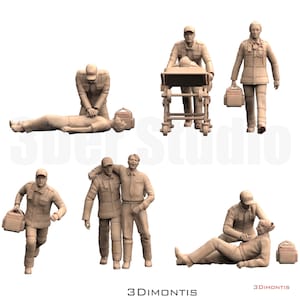 Scale Figure Set 1/35 1/43 1/64 Paramedics and Injured Civilians - Unpainted Resin Model - Ideal for Dioramas/Medical Rescue Scenes
