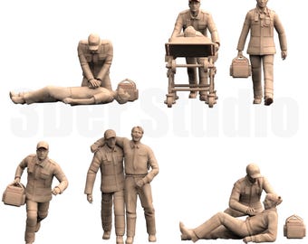 Scale Figure Set 1/35 1/43 1/64 Paramedics and Injured Civilians - Unpainted Resin Model - Ideal for Dioramas/Medical Rescue Scenes