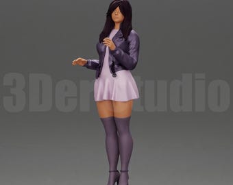 Scale Figure 1/35 1/43 1/64 Beautiful girl standing in jacket and dress waiting for someone for a date - Ideal for Dioramas - Hand Painted