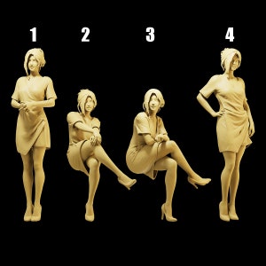 May include: Four beige sculptures of women in different poses. The women are wearing dresses and have their hair styled. The sculptures are arranged in a row from left to right.