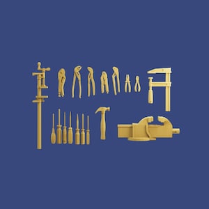 May include: A set of wooden tools, including pliers, screwdrivers, a hammer, a clamp, and a vice. The tools are all painted gold and arranged on a blue background.