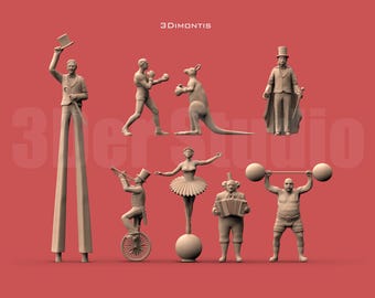 High Detail Circus Performer Miniatures, 1/35 1/43 1/64 Resin Figures, Stilt Walker Boxer Magician, 3D Printed Diorama