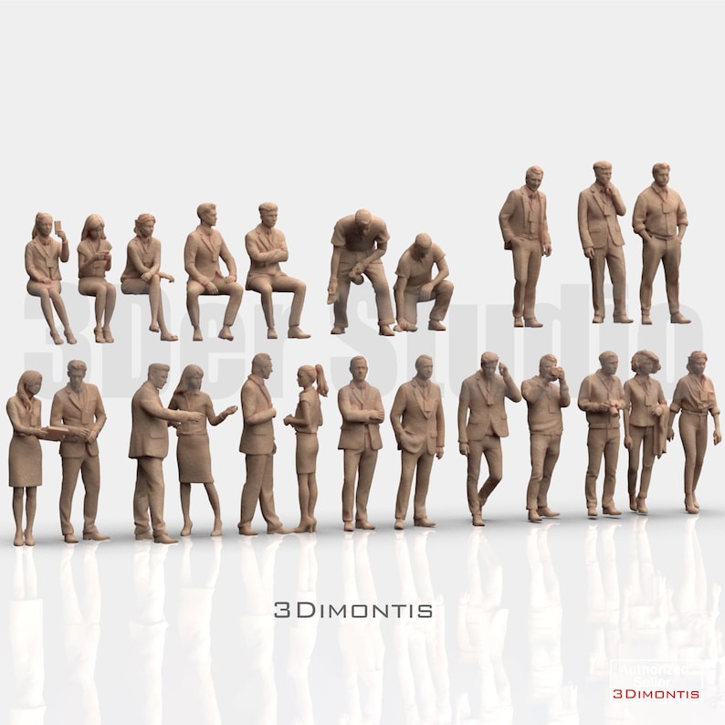 May include: A collection of twenty-three monochromatic light brown miniature human figures in various poses, including standing, sitting, and crouching. The figures are dressed in business attire and casual clothing. The text 3DIMONTIS appears at the bottom.
