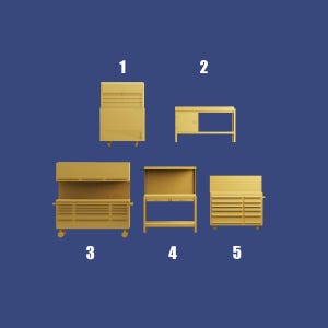 Puede incluir: Cinco cofres de herramientas de metal amarillo con diferentes configuraciones. Los cofres están numerados del 1 al 5. El cofre 1 es un cofre de un solo nivel con una tapa superior. El cofre 2 es un banco de trabajo con un solo cajón. El cofre 3 es un cofre de dos niveles con una tapa superior y un cajón inferior. El cofre 4 es un banco de trabajo con un solo estante. El cofre 5 es un cofre de un solo nivel con varios cajones.