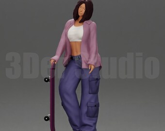 Figura de alta calidad de una chica patinadora con monopatín a escalas 1/35, 1/43 y 1/64. Miniatura de resina sin pintar para parques de patinaje y dioramas urbanos.