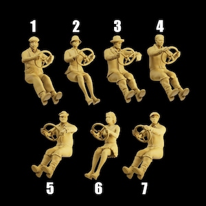 May include: Seven figurines of people driving, each with a steering wheel. The figurines are in various poses and are made of a light brown material.