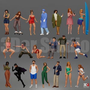 Può includere: Una collezione di figurine in miniatura raffiguranti varie persone in diverse pose e abiti. Le figure includono uno skater, un medico, una persona con una tavola da surf e altri in abbigliamento casual e formale. Le figurine sono su sfondo grigio.