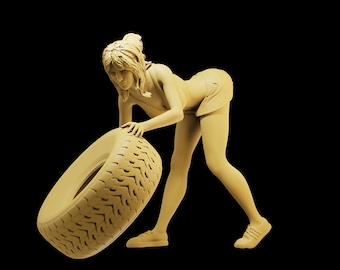 Figura de mecánica femenina de alta calidad con neumático (escalas 1/35, 1/43 y 1/64) - Miniatura de resina sin pintar.
