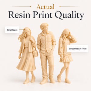 May include: Three unpainted beige resin figurines of people standing together. The text Actual Resin Print Quality appears at the top. Labels point to the figures, reading Fine Details and Smooth Resin Finish, highlighting the texture and quality.
