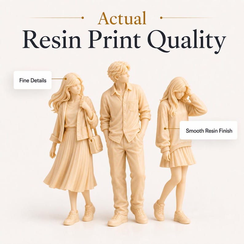 May include: Three unpainted beige resin figurines of people standing together. The text Actual Resin Print Quality appears at the top. Labels point to the figures, reading Fine Details and Smooth Resin Finish, highlighting the texture and quality.