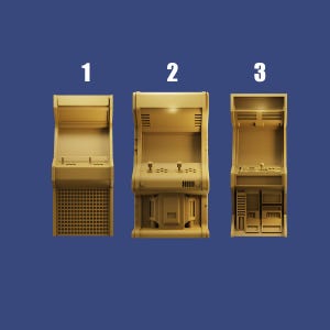 May include: Three gold arcade cabinets with different designs. The cabinet on the left has a simple design with a screen and buttons. The middle cabinet has a more complex design with a screen, buttons, and a joystick. The cabinet on the right has a screen, buttons, and a joystick, as well as a series of lights and a speaker.