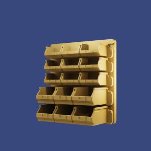 以下が含まれることがあります： 複数のベージュのプラスチック製の箱が付いた壁掛け収納システム。箱は列に積み重ねられており、小さなアイテムの整理に最適です。