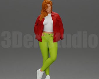 High Detail Casual Jacket Woman Figure 1/35 1/43 1/64, Unpainted Resin Miniature People for City Diorama