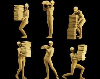 May include: A set of six monochromatic beige miniature figurines, each depicting a person in a cap and casual clothing carrying or balancing stacks of rectangular boxes. The figures are numbered one through six and displayed against a black background.